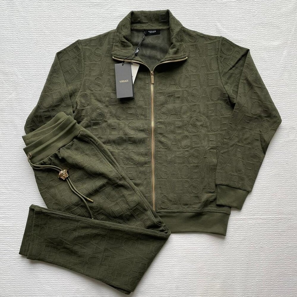 Versace Men's Green Embossed Logo Tracksuit Luxury Designer Set Small